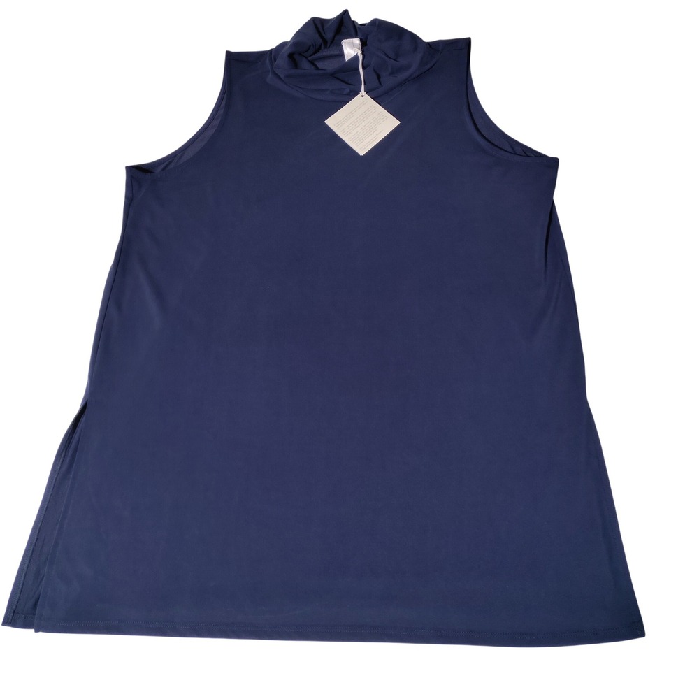 WynneLayers Womens Navy Blue Funnel Neck Sleeveless Tunic Top Side Slits 1X NWT